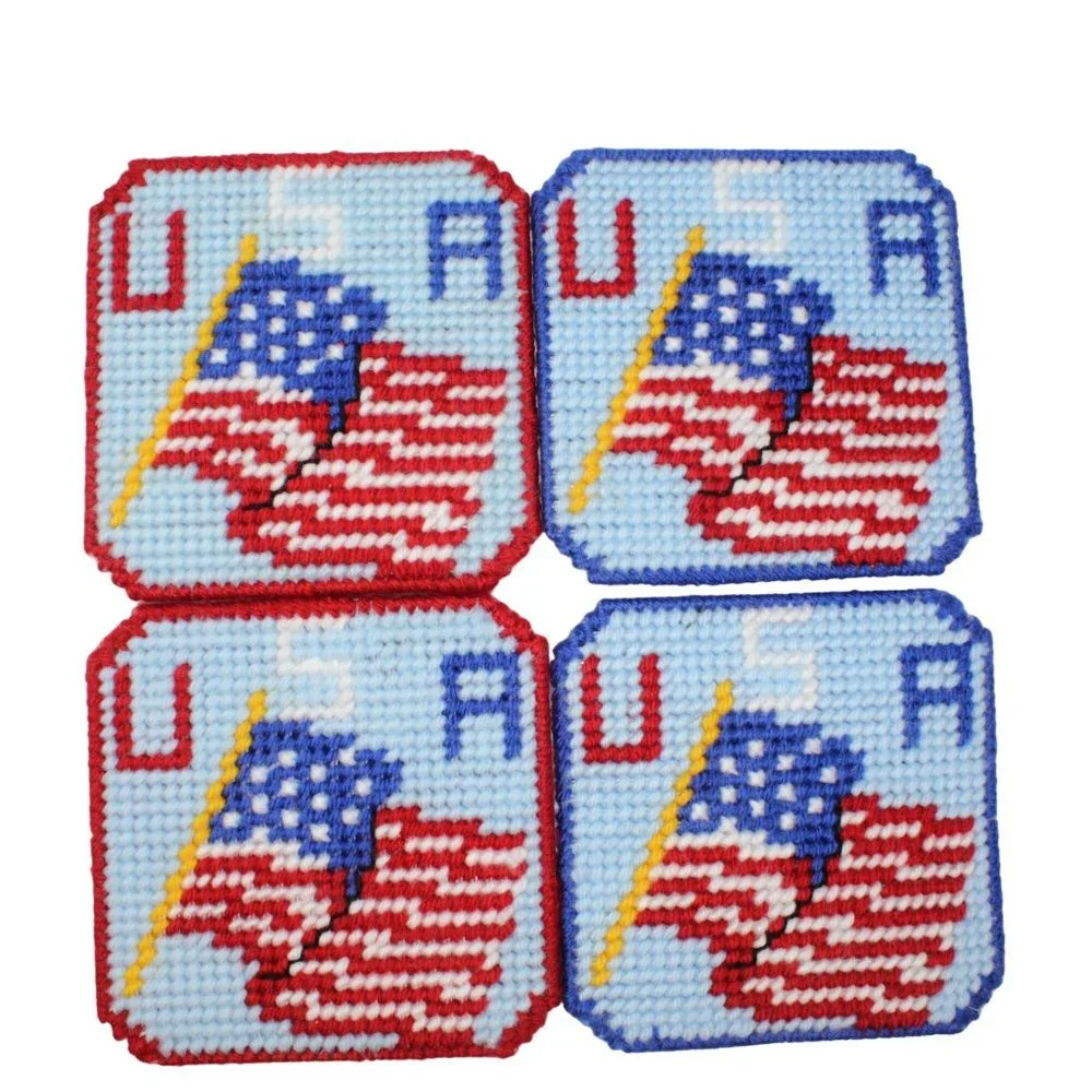 Handmade Patriotic Flag USA Stitched Yarn Needlepoint Plastic Canvas Coasters - Picture 1 of 3